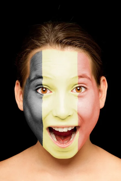 Girl with flemish flag painted on her face — Stock Photo, Image