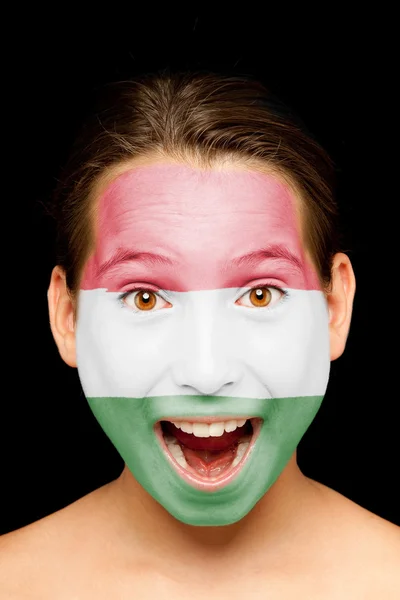 Girl with hungarian flag painted on her face — Stock Photo, Image