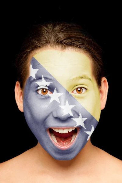 Girl with Bosnia Herzegovinan flag painted on her face — Stock Photo, Image