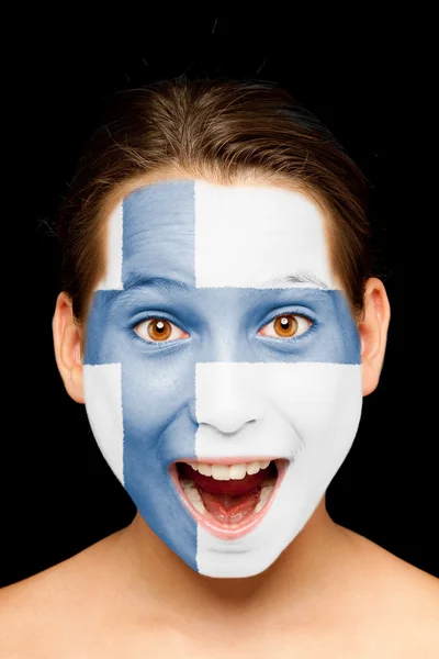 Tyttö suomalainen lippu maalattu hänen kasvonsa — kuvapankkivalokuva