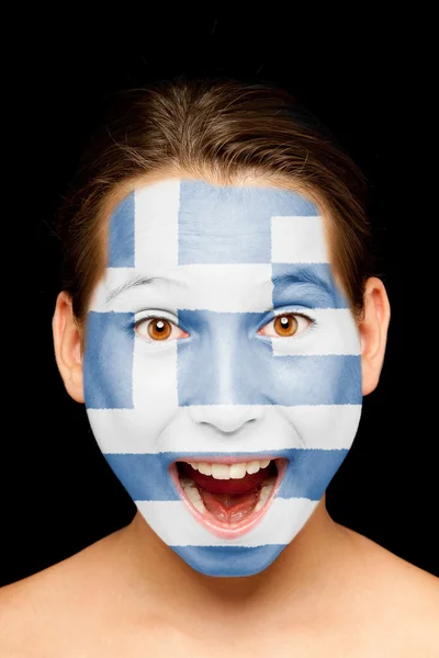 Meisje met Griekse vlag geschilderd op haar gezicht — Stockfoto