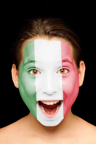 Yüzündeki boyalı İtalyan bayrağı ile kız — Stok fotoğraf