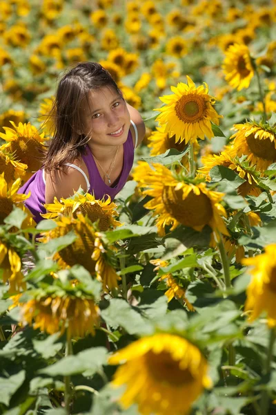 Chica en un campo de girasoles —  Fotos de Stock