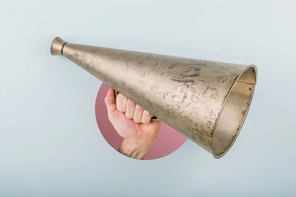 Hand Man Holding Megaphone Blue Pink Background High Quality Photo Royalty Free Stock Photos
