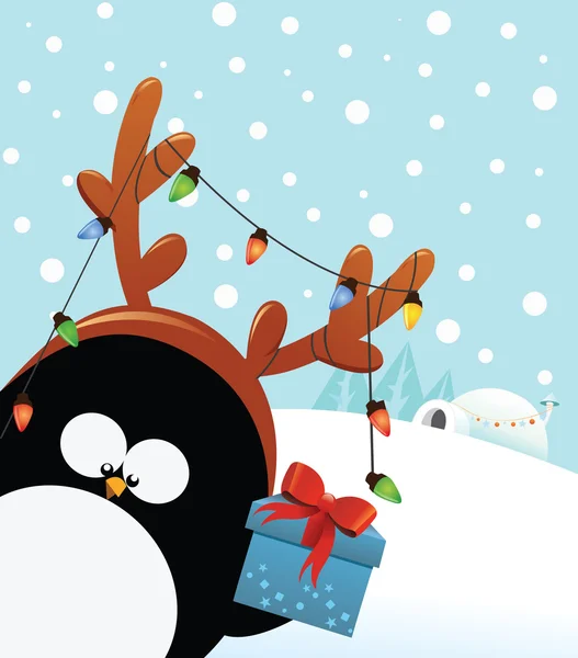 Pingüino reno con regalo de Navidad — Archivo Imágenes Vectoriales