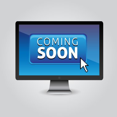 Mavi düğme fare imleci ile pc ekranda coming soon