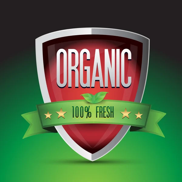 Organic 100 percent fresh on red shield — Stock Vector