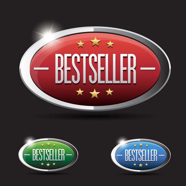 Bestseller button set - red, green, blue — Stock Vector