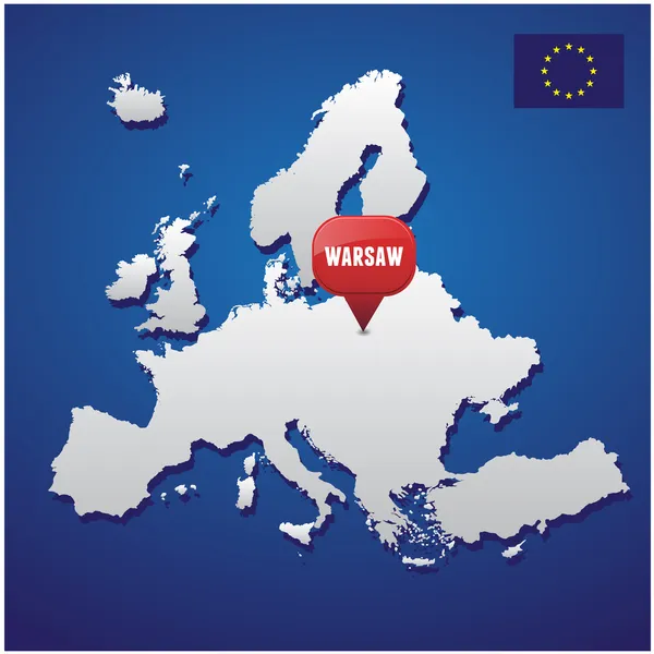 Warschau op de Europese kaart en eu vlag — Stockvector