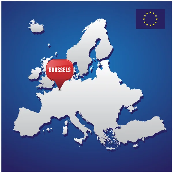 Bruselas en el mapa europeo y la bandera de la UE — Vector de stock