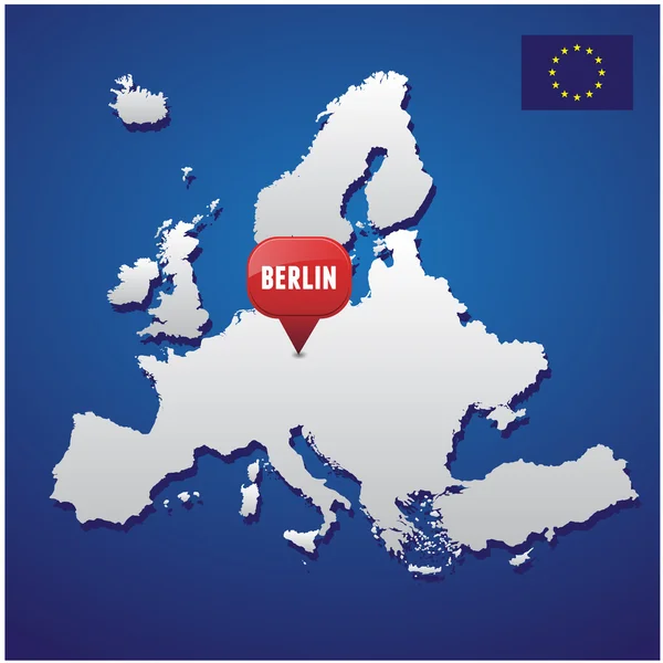 Berlin on european map and EU flag — Stock Vector