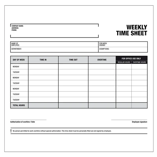 Employee weekly time sheet template — Stock Vector