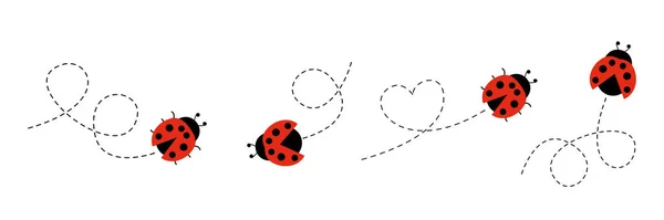 Ensemble Icône Plate Coccinelle Coccinelles Volant Sur Route Pointillée Dessin — Image vectorielle