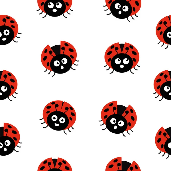 Ladybugかわいい文字シームレスパターン 開いた翼と大きな目で飛んでいる鳥の昆虫 白に隔離されたベクトル — ストックベクタ