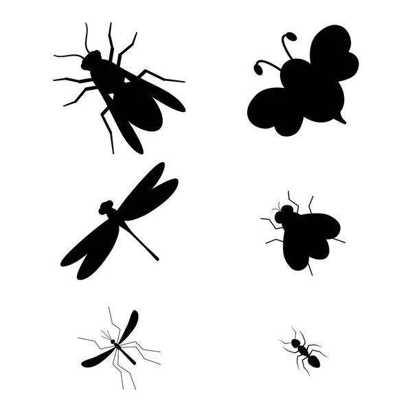 Schwarze Silhouette Insekt Zeichen Gesetzt Biene Wespe Ameise Libelle Fliege — Stockvektor