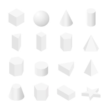 Temel beyaz 3D şekiller ayarlandı. Eğitim konsepti için geometri formları. Küp, küre, koni, yıldız, piramit, silindir, prizma ve diğerleri. Vektör beyazda izole edildi