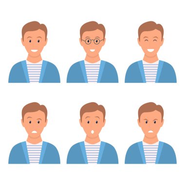  Farklı yüz ifadeleri olan bir adam. Erkek yüz ifadesi koleksiyonu. Çizgi film karakteri portreleri. Vektör beyazda izole edildi