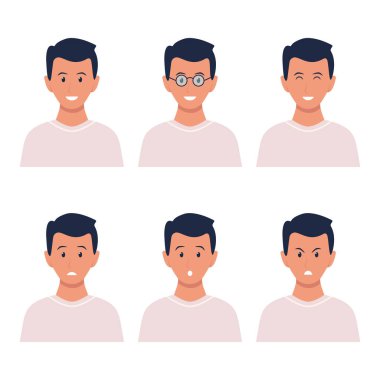 Siyah saçlı ve farklı yüz ifadeleri olan bir adam. Erkek yüz ifadesi koleksiyonu. Çizgi film karakteri portreleri. Vektör beyazda izole edildi