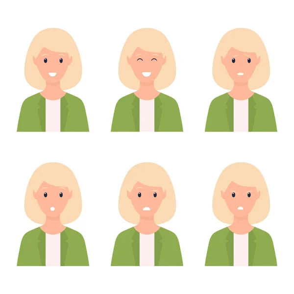 Woman Different Face Emotions Set Girl Face Expression Collection Young — Stock Vector
