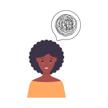 Ağlayan ve sorunları olan mutsuz bir kız. Afrikalı kadın kafasında kaotik düşünce. Depresyon akıl sağlığı konsepti. Vektör beyazda izole edildi