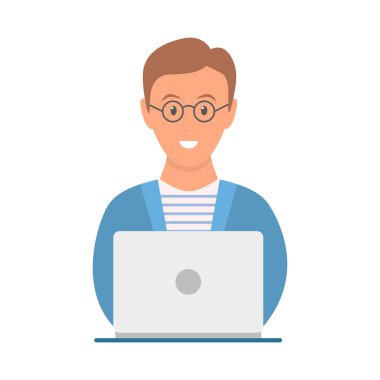 Freelancer or businessman working on laptop. Young student with glasses. Work at home. Freelance concept. Cute boy study at home. Vector illustration isolated on white.