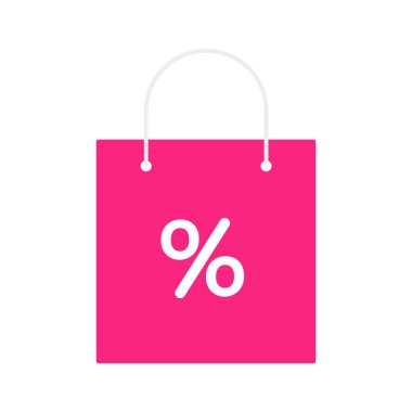 Package for purchases. Pink shopping bag with percent sign. Vector isolated on white