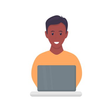 African freelancer working on laptop. Cute black skin boy study at home. Freelance concept. Work at home. Vector illustration isolated on white.
