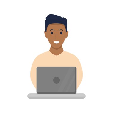 African freelancer working on laptop. Cute black skin boy study at home. Freelance concept. Work at home. Vector illustration isolated on white.