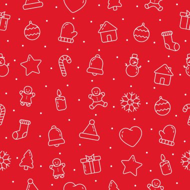 Christmas seamless pattern. Red Christmas paper wallpaper. Vector illustration white line toys isolated on red background.