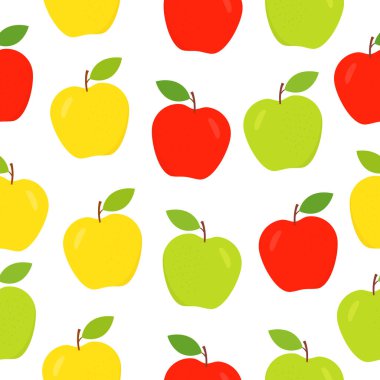 Seamless apple pattern. Sliced red, yellow and green apples white background. Sweet cute fruits texture. Vector illustration