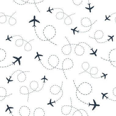 Plane flying with line path seamless pattern. Airplane travel background. Vector illustration.
