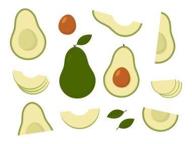 Avocado fruit set. Healthy food symbol. Slices, whole and half avocado. Vector isolated on white.