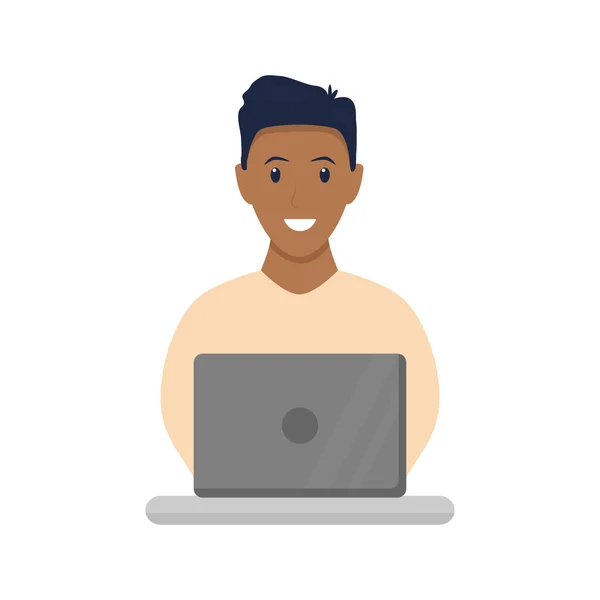 African Freelancer Working Laptop Cute Black Skin Boy Study Home — Vector de stock