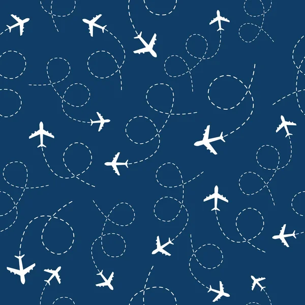 Airplane Flying Line Path Seamless Pattern Plane Travel Concept Blue — Stockový vektor