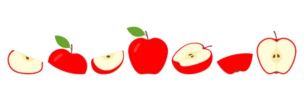 Conjunto Rodajas Frescas Manzanas Rojas Colección Manzanas Rodajas Vector Aislado — Vector de stock