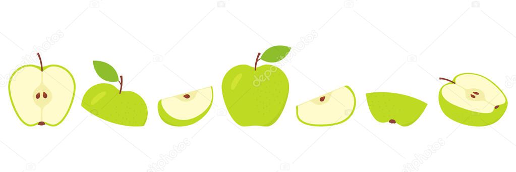 Green apples slices set. Cute fresh sliced apple large collection. Vector isolated on white.