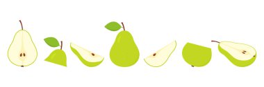 Cute green pear set. Flat fresh sliced pears collection. Slices, whole and half fruits. Vector isolated on white.