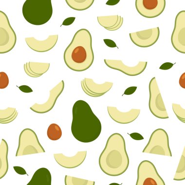 Avocado seamless pattern. Healthy food symbol. Slices, whole and half avocado. Vector isolated on white.
