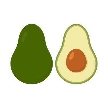 Avocado fruit set. Healthy food symbol. Whole and half avocado. Vector isolated on white.