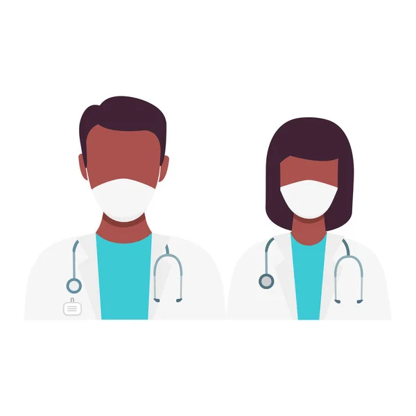 Doctor Nurse Characters Black Skin Wearing Medical Masks Medicine Support — Wektor stockowy