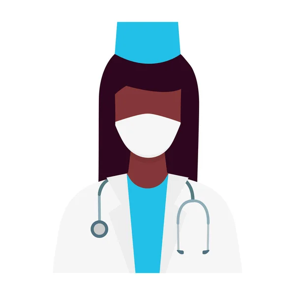 アフリカ看護婦の女性キャラクター 医療用マスクを着用した聴診器を持つ医師 医療支援の概念 白に隔離されたベクトル — ストックベクタ