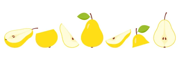Yellow Pears Collection Sweet Slices Whole Half Pear Fruits Set — Stockvektor
