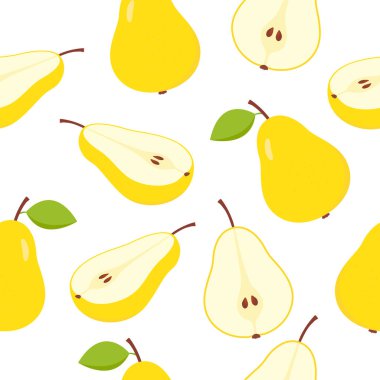 Sarı armut deseni. Tatlı dilimler, tam ve yarım armut armutsuz desen. Vektör beyazda izole edildi.