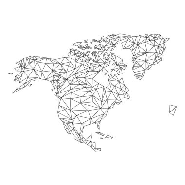 Üçgen şekilli Kuzey Amerika haritası. Kuzey Amerika kıtasının çokgen çizgi elementleriyle haritası. Dünya haritası doğrusal kıta. Vektör illüstrasyonu beyazda izole edildi.