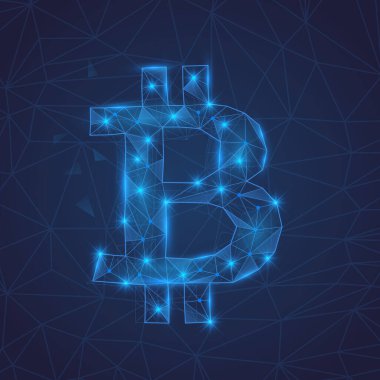 Çokgen mavi parıldayan şekilli bitcoin sembolü. Şifreli para birimi parlama işareti. Noktalı iş konsepti. Koyu mavi arkaplanda vektör illüstrasyonu.