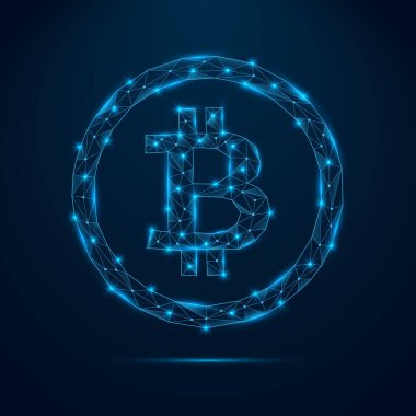 Çokgen mavi parıldayan şekilli bitcoin. Şifreli para parlayan para. Noktalı iş konsepti. Koyu mavi arkaplanda vektör illüstrasyonu.