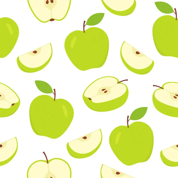 Безшовний Яблучний Візерунок Нарізані Зелені Яблука Білий Фон Милі Фрукти — стоковий вектор
