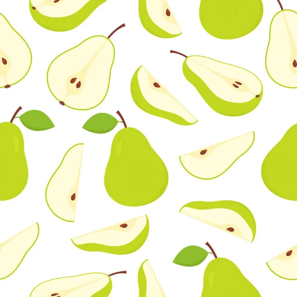 Green Pears Pattern Sweet Slices Whole Half Pear Fruits Seamless — Stock Vector