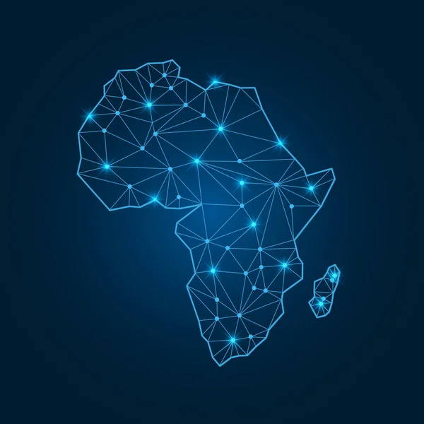 Çokgen parlak şekilli Afrika haritası. Işık noktaları olan doğrusal dünya haritası kıtası. Üçgen çizgili elementlerle Afrika kıtasının haritası. Mavi gradyan arkaplanda vektör illüstrasyonu izole edildi.