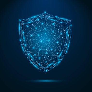 Geleceğin parlayan düşük çokgen güvenlik kalkanı sembolü. Bağlantı noktaları olan antivirüs işareti. Güvenli konseptin siber koruması. Koyu mavi arkaplanda izole edilmiş vektör.